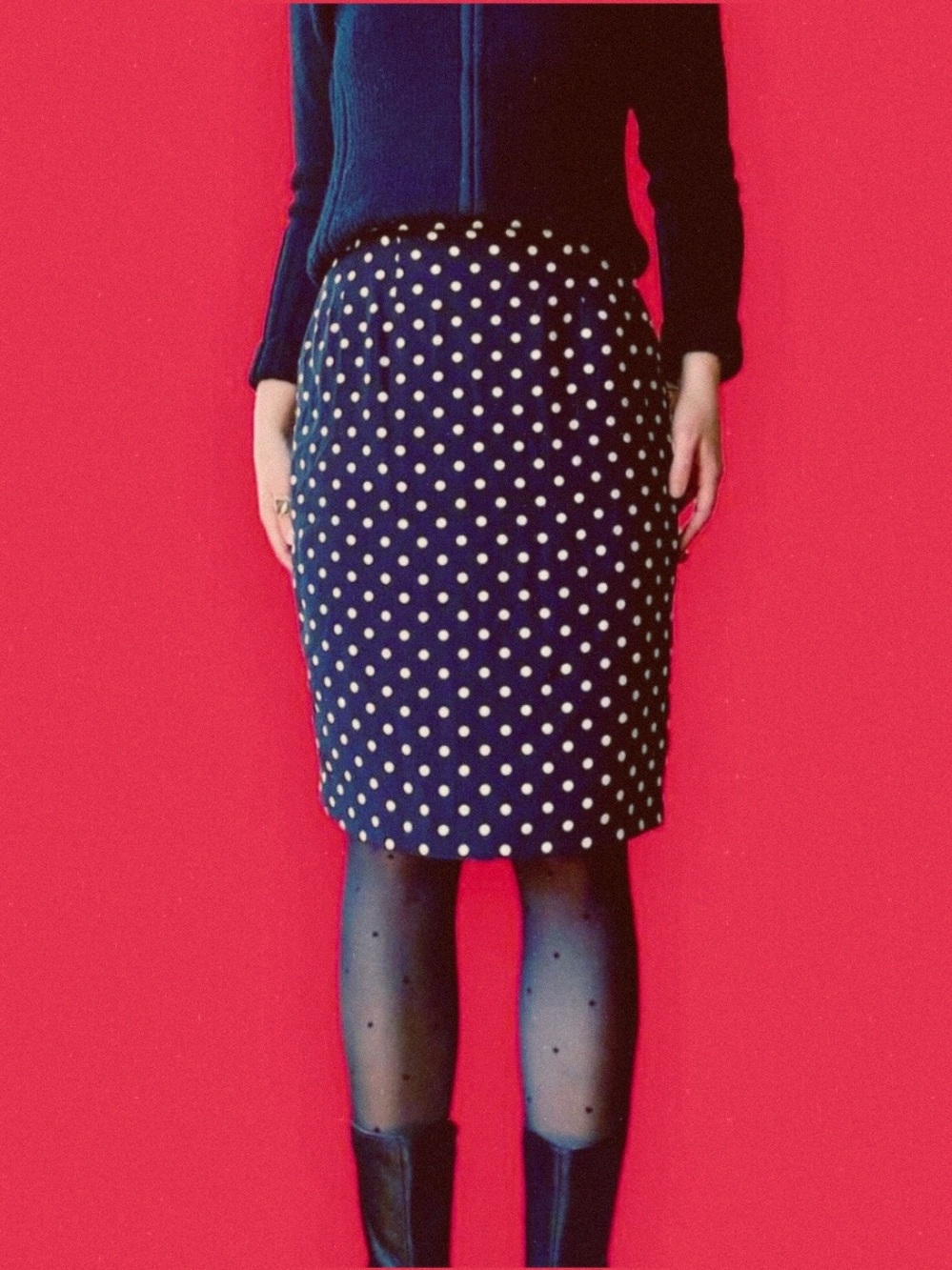 Vintage Silk Polka Dot Pencil Skirt - Classic Black & White